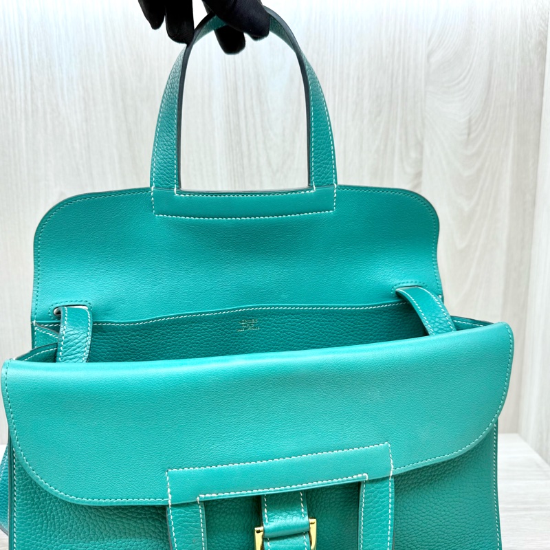 Hermers U4絲絨綠T/C皮金釦halzan31五用包-9