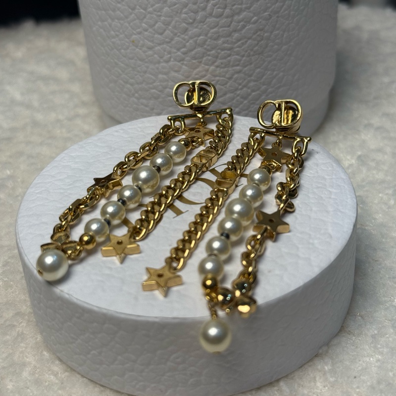 迪奧金色CD字母長款珍珠鏈條流蘇耳環-0