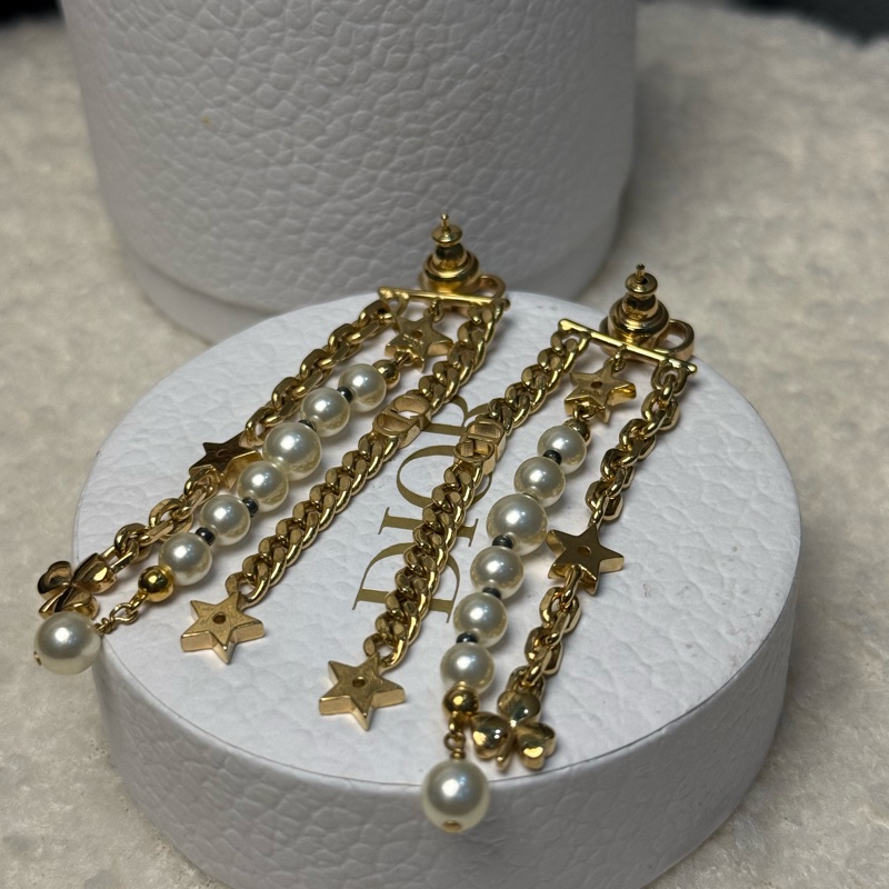 迪奧金色CD字母長款珍珠鏈條流蘇耳環-1