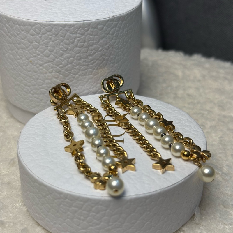 迪奧金色CD字母長款珍珠鏈條流蘇耳環-2