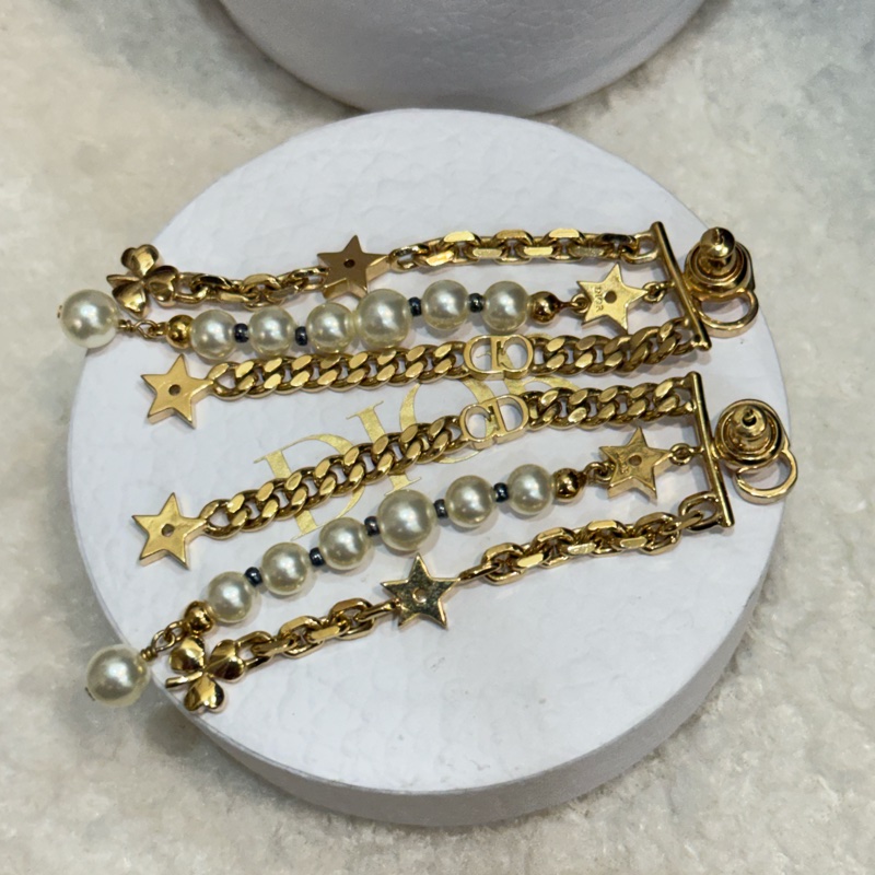 迪奧金色CD字母長款珍珠鏈條流蘇耳環-3