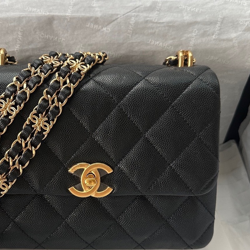 【配件：盒子、防塵袋 💕 】Chanel 22K cf 方胖子 雙鏈條 黑金 黑色 金扣 荔枝牛皮 手提 單肩 腋下 斜挎-2