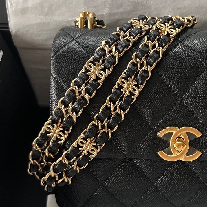 【配件：盒子、防塵袋 💕 】Chanel 22K cf 方胖子 雙鏈條 黑金 黑色 金扣 荔枝牛皮 手提 單肩 腋下 斜挎-3