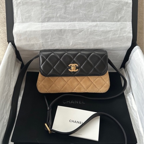 【配件：防塵袋 💕】Chanel 25A 手工坊 翻蓋包 手機包 金棕 拼皮 黑色 棕色 麂皮 羊皮 金扣 手提 單肩 斜挎