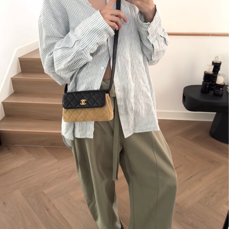 【配件：防塵袋 💕】Chanel 25A 手工坊 翻蓋包 手機包 金棕 拼皮 黑色 棕色 麂皮 羊皮 金扣 手提 單肩 斜挎-1