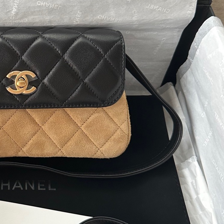 【配件：防塵袋 💕】Chanel 25A 手工坊 翻蓋包 手機包 金棕 拼皮 黑色 棕色 麂皮 羊皮 金扣 手提 單肩 斜挎-2