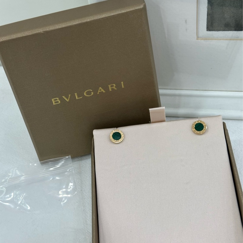 Bvlgari寶格麗玫瑰金孔雀石圓餅耳環一對-0