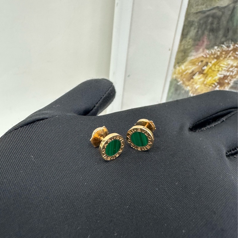 Bvlgari寶格麗玫瑰金孔雀石圓餅耳環一對-1