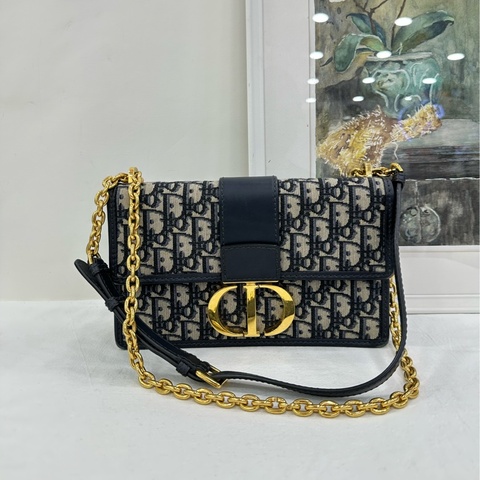 Dior迪奧 蒙田30中號 老花鏈包 經典Oblique老花帆布 黑色皮革邊框 金色CD扣 20年內標