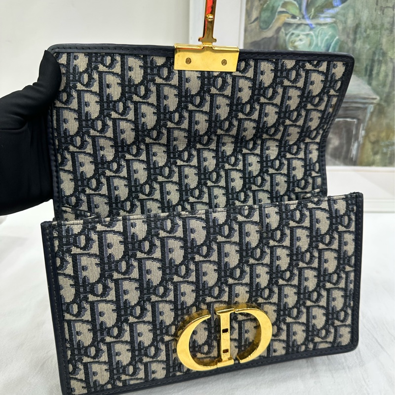 Dior迪奧 蒙田30中號 老花鏈包 經典Oblique老花帆布 黑色皮革邊框 金色CD扣 20年內標-6