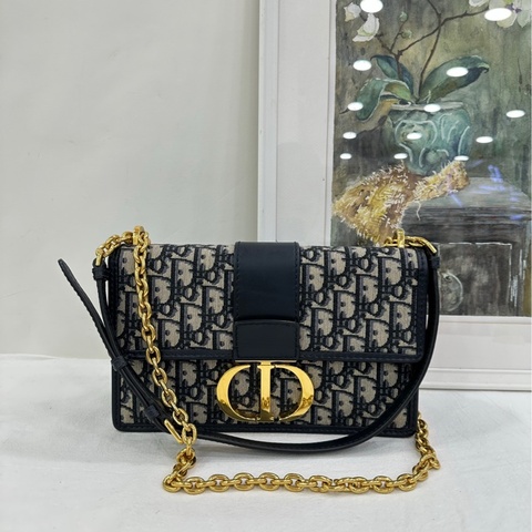 Dior迪奧 蒙田30中號 老花鏈包 經典Oblique老花帆布 黑色皮革邊框 金色CD扣 20年內標