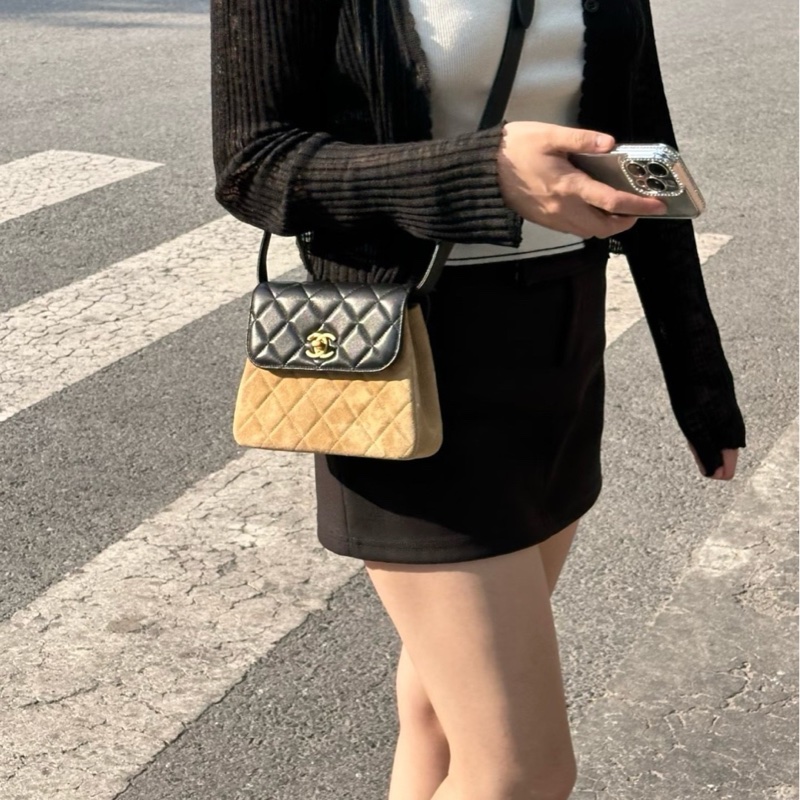 【配件：防塵袋 💕】Chanel 25A 手工坊 小方包 方塊包 金棕 拼皮 棕色 麂皮 羊皮 金扣 手提 單肩 斜挎-1