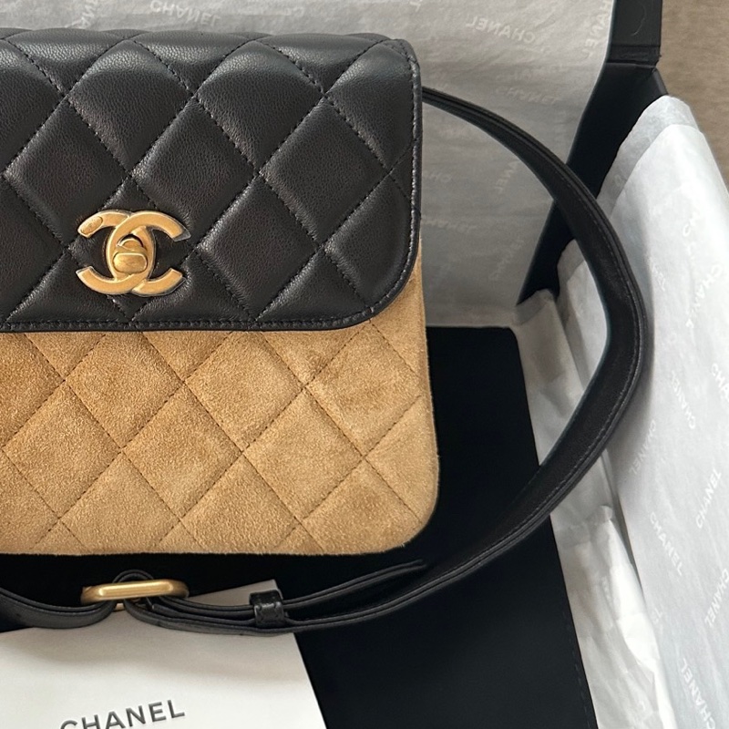【配件：防塵袋 💕】Chanel 25A 手工坊 小方包 方塊包 金棕 拼皮 棕色 麂皮 羊皮 金扣 手提 單肩 斜挎-2