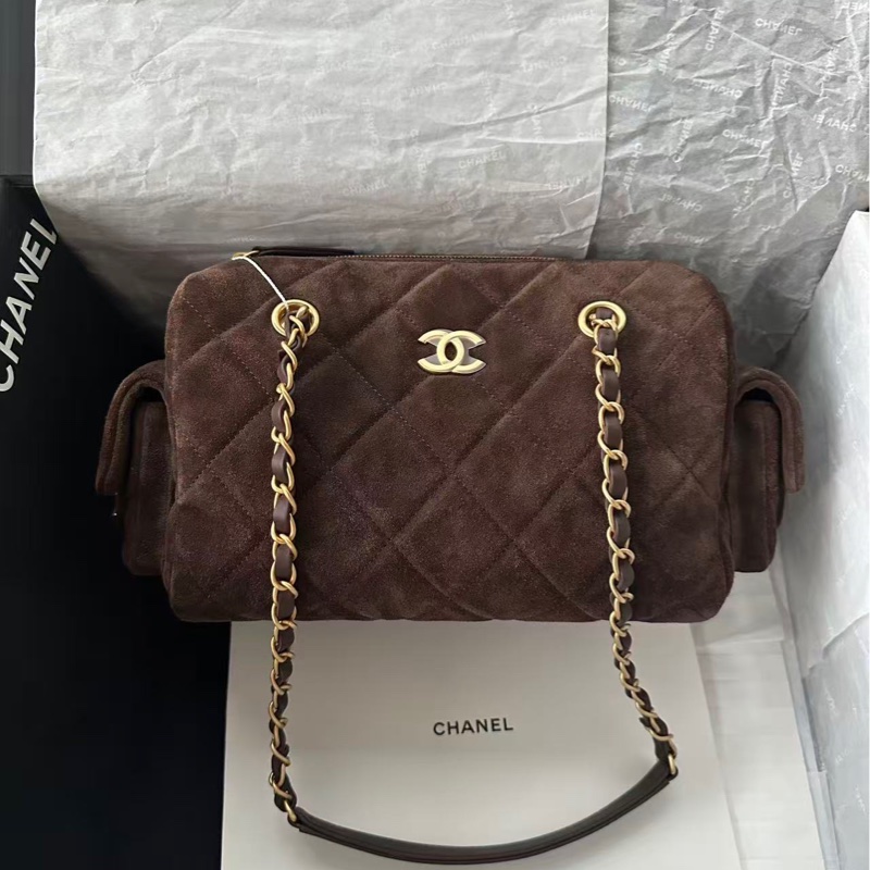 【配件：盒子、防塵袋 💕】Chanel 25K 保齡球 棕色 麂皮 金扣 牛皮 手提 單肩 腋下-0