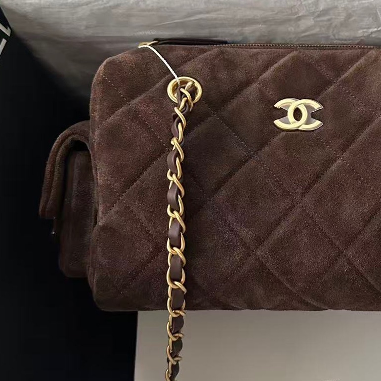 【配件：盒子、防塵袋 💕】Chanel 25K 保齡球 棕色 麂皮 金扣 牛皮 手提 單肩 腋下-2