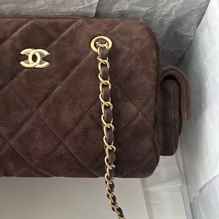【配件：盒子、防塵袋 💕】Chanel 25K 保齡球 棕色 麂皮 金扣 牛皮 手提 單肩 腋下-3