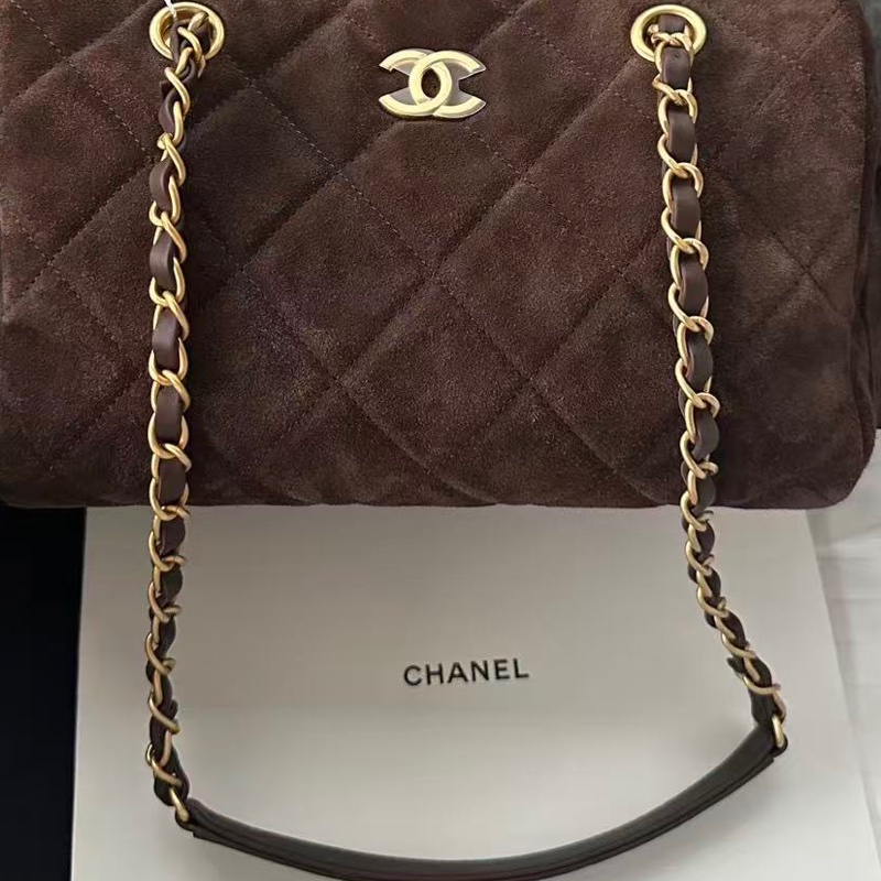【配件：盒子、防塵袋 💕】Chanel 25K 保齡球 棕色 麂皮 金扣 牛皮 手提 單肩 腋下-4