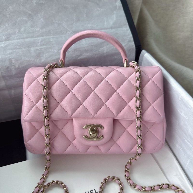 【配件：盒子、防塵袋 99新💕】Chanel 25P cf mini handle 手柄 粉色 淡粉色 淺粉色 金扣 羊皮 手提 單肩 斜挎-0