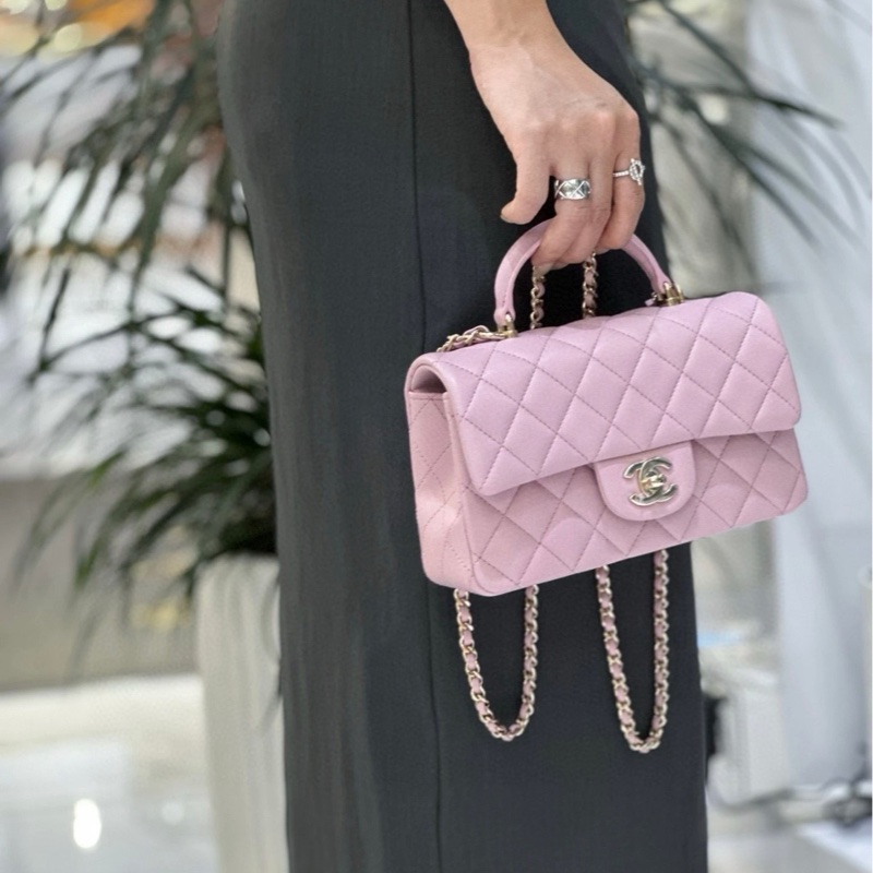 【配件：盒子、防塵袋 99新💕】Chanel 25P cf mini handle 手柄 粉色 淡粉色 淺粉色 金扣 羊皮 手提 單肩 斜挎-1