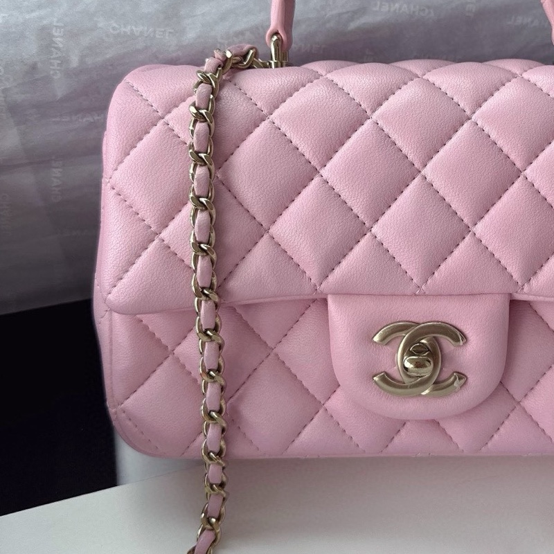 【配件：盒子、防塵袋 99新💕】Chanel 25P cf mini handle 手柄 粉色 淡粉色 淺粉色 金扣 羊皮 手提 單肩 斜挎-2