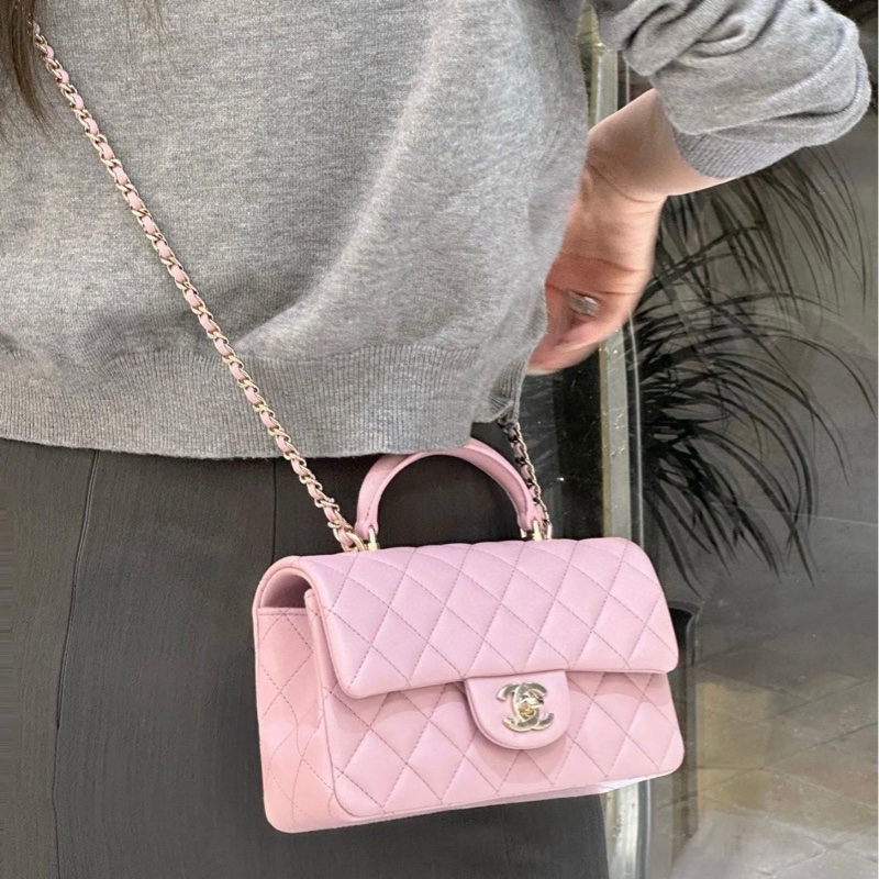 【配件：盒子、防塵袋 99新💕】Chanel 25P cf mini handle 手柄 粉色 淡粉色 淺粉色 金扣 羊皮 手提 單肩 斜挎-3