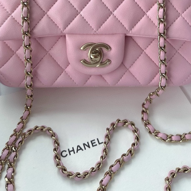 【配件：盒子、防塵袋 99新💕】Chanel 25P cf mini handle 手柄 粉色 淡粉色 淺粉色 金扣 羊皮 手提 單肩 斜挎-5