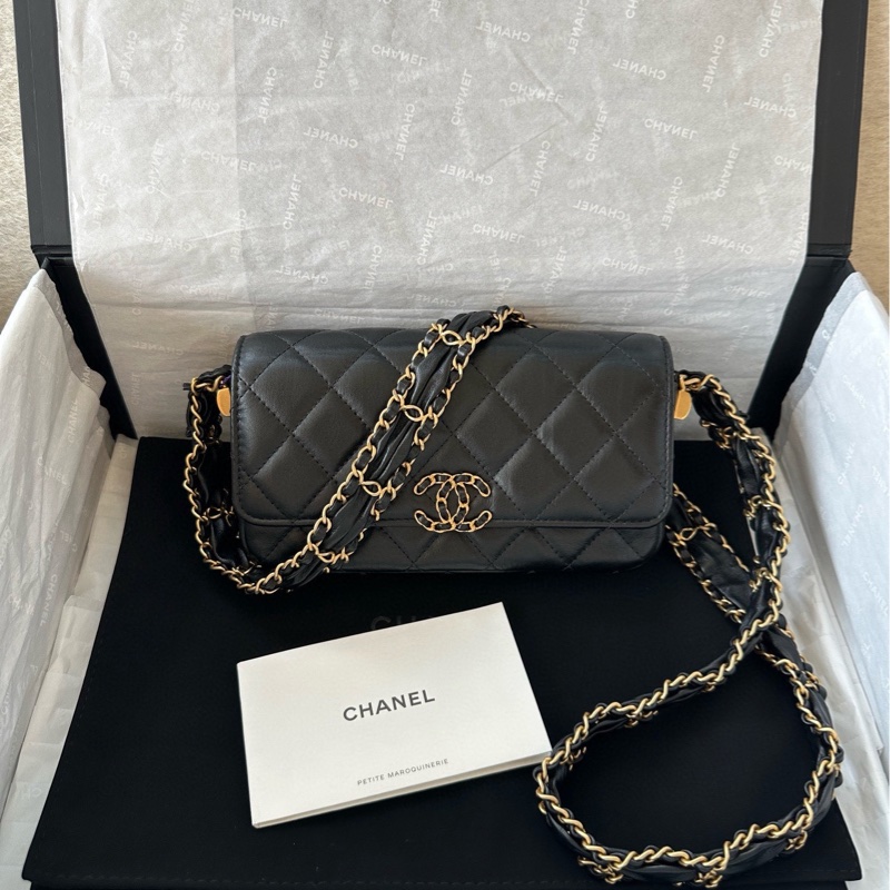 【配件：盒子、防塵袋 99新💕】Chanel 23K 法棍包 黑金 黑色 19bag金扣 手提 單肩 斜挎-0