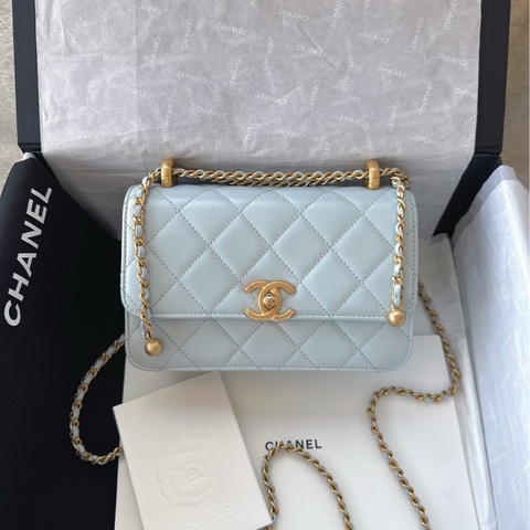 【配件：防塵袋、小票 99新💕】Chanel 25S cf mini 19cm 雙金球 雙金珠 藍色 淺藍色 淡藍色 baby藍 金扣 牛皮 手提 單肩 斜挎