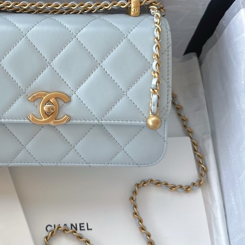 【配件：防塵袋、小票 99新💕】Chanel 25S cf mini 19cm 雙金球 雙金珠 藍色 淺藍色 淡藍色 baby藍 金扣 牛皮 手提 單肩 斜挎-2