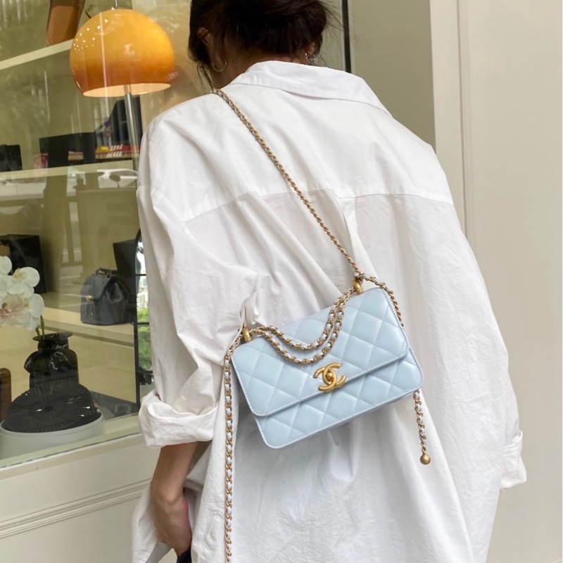 【配件：防塵袋、小票 99新💕】Chanel 25S cf mini 19cm 雙金球 雙金珠 藍色 淺藍色 淡藍色 baby藍 金扣 牛皮 手提 單肩 斜挎-3