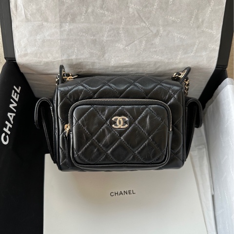 【配件：防塵袋 💕 】Chanel 24K 相機包 小號 黑金 黑色 金扣 油蠟皮 羊皮 手提 單肩 腋下 斜挎