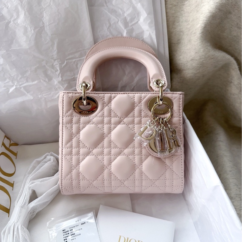 【配件：防塵袋、說明書 】Dior 戴妃 三格 粉色 淡粉色 淺粉色 櫻花粉 金扣 手提 單肩 斜挎-0