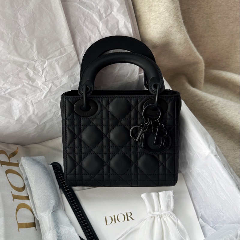 【配件：盒子、防塵袋、小票、說明書 💕】Dior 戴妃 三格 全黑 黑色 磨砂 啞光 手提 單肩 斜挎-0