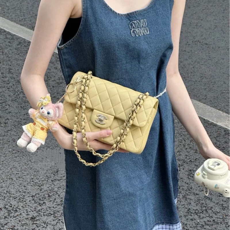 【配件：防塵袋 💕】Chanel 22P cf 小號 黃色 淺黃色 小雞黃 羊皮 手提 單肩 斜挎-1