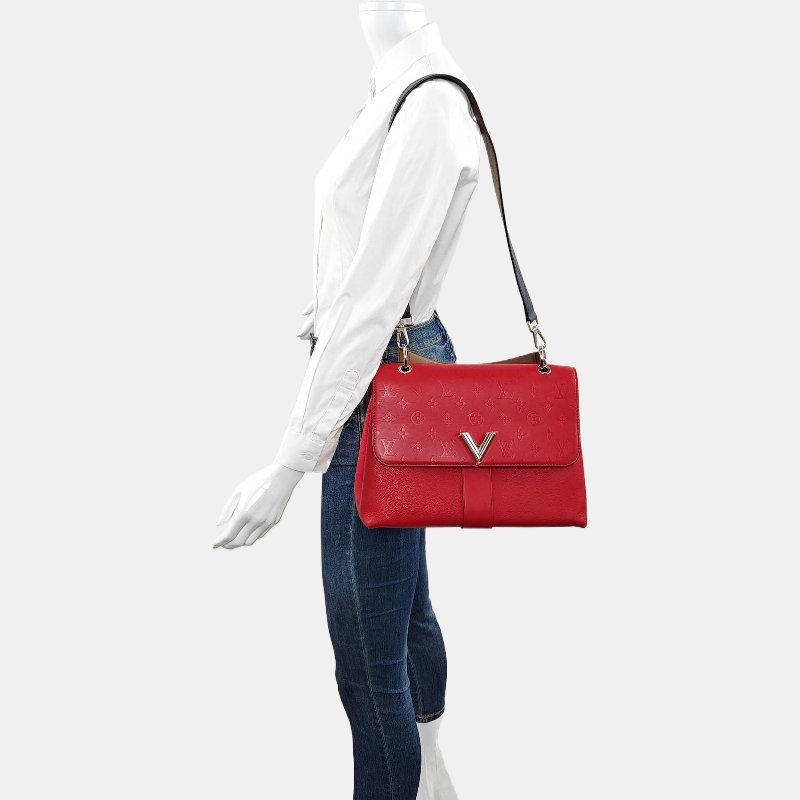 LOUIS VUITTON VERY紅色牛皮老花壓紋單肩包銀色五金可拆卸肩帶-1
