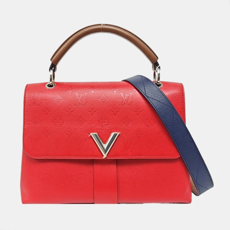 LOUIS VUITTON VERY紅色牛皮老花壓紋單肩包銀色五金可拆卸肩帶-7