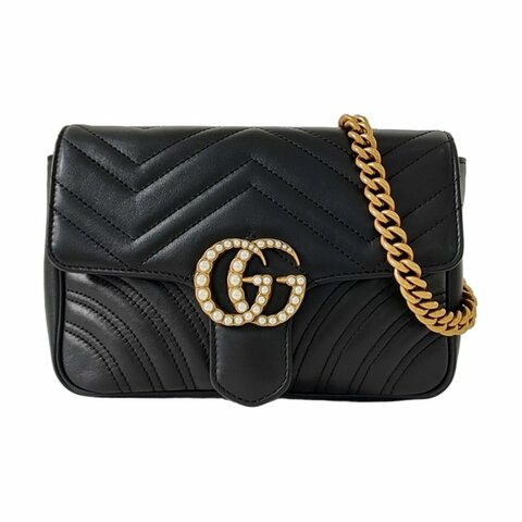 GUCCI GG Marmont黑色牛皮絎縫波浪紋斜挎包單肩包 金色五金