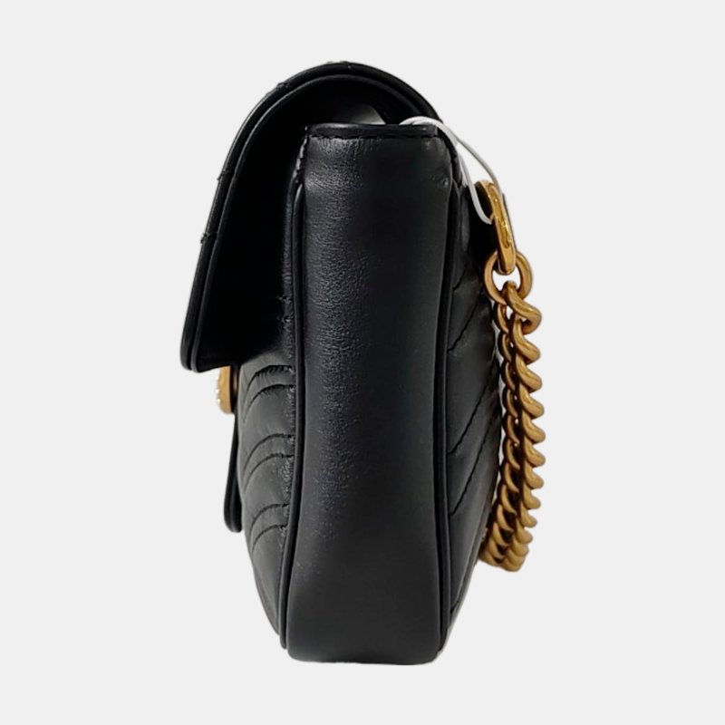 GUCCI GG Marmont黑色牛皮絎縫波浪紋斜挎包單肩包 金色五金-2