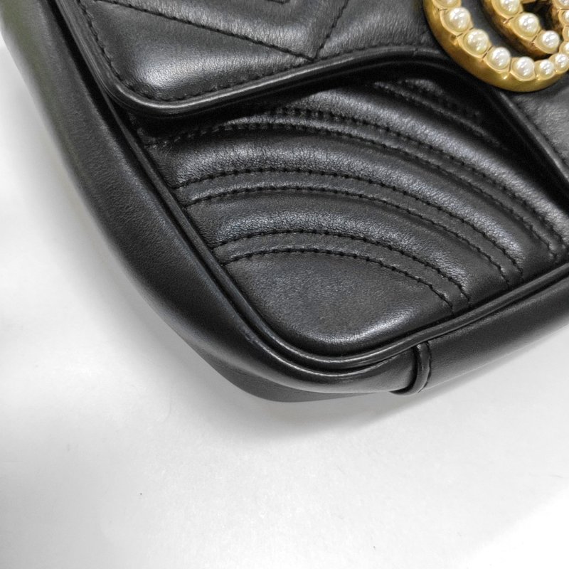 GUCCI GG Marmont黑色牛皮絎縫波浪紋斜挎包單肩包 金色五金-11