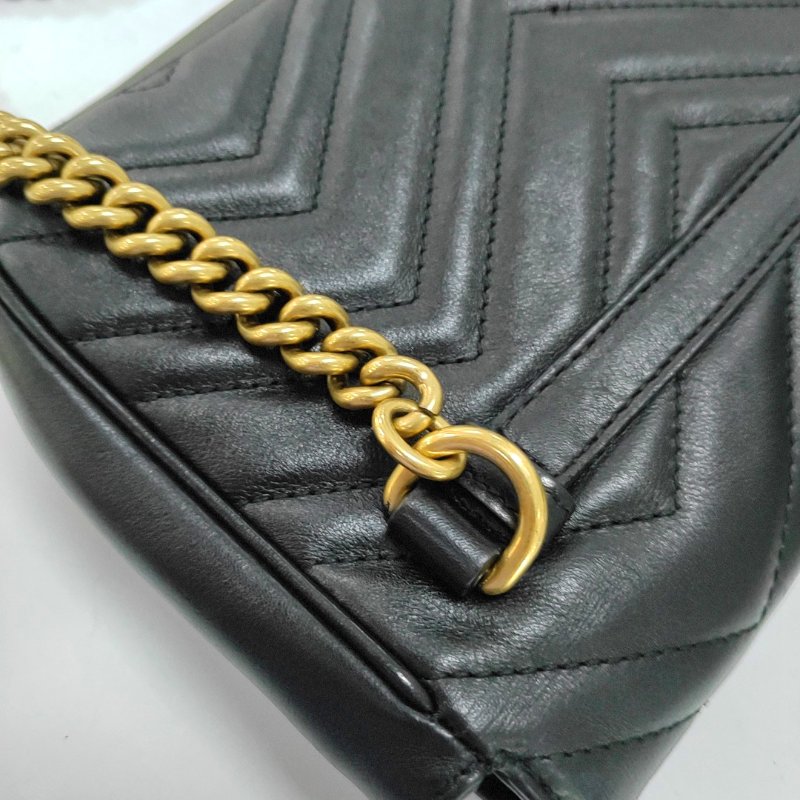 GUCCI GG Marmont黑色牛皮絎縫波浪紋斜挎包單肩包 金色五金-14