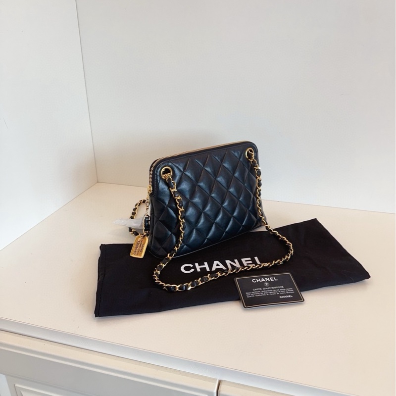 【98新🆕】Chanel vintage黑金康鵬銘牌雙鏈貝殼包 斜挎包-1