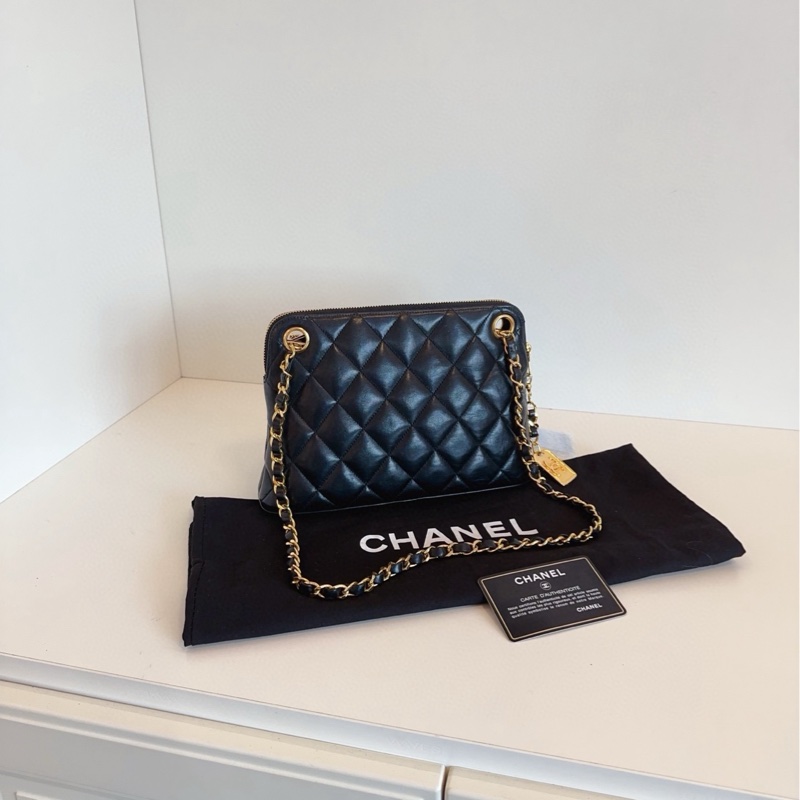 【98新🆕】Chanel vintage黑金康鵬銘牌雙鏈貝殼包 斜挎包-2
