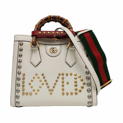 GUCCI Diana小號白色牛皮竹節鉚釘竹節包斜挎包手提包單肩包 金色銀色五金 2條可拆卸肩帶