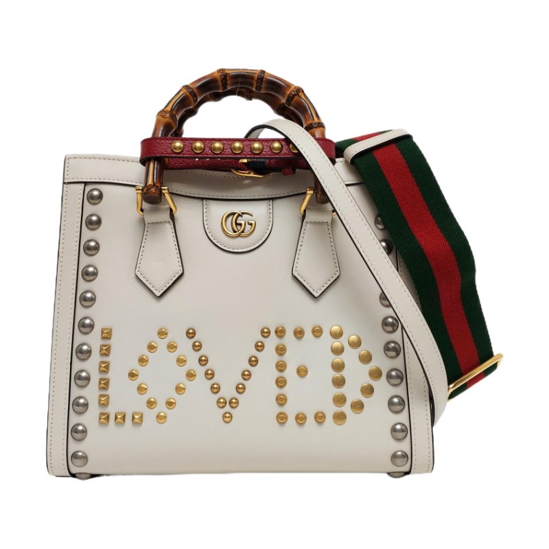 GUCCI Diana小號白色牛皮竹節鉚釘竹節包斜挎包手提包單肩包 金色銀色五金 2條可拆卸肩帶-0