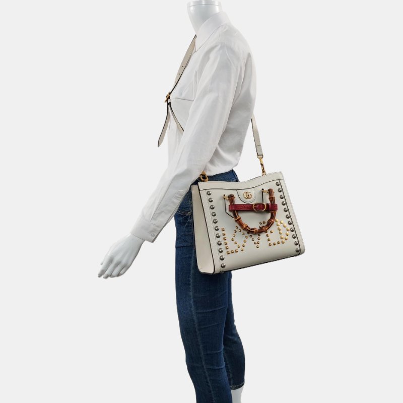 GUCCI Diana小號白色牛皮竹節鉚釘竹節包斜挎包手提包單肩包 金色銀色五金 2條可拆卸肩帶-1