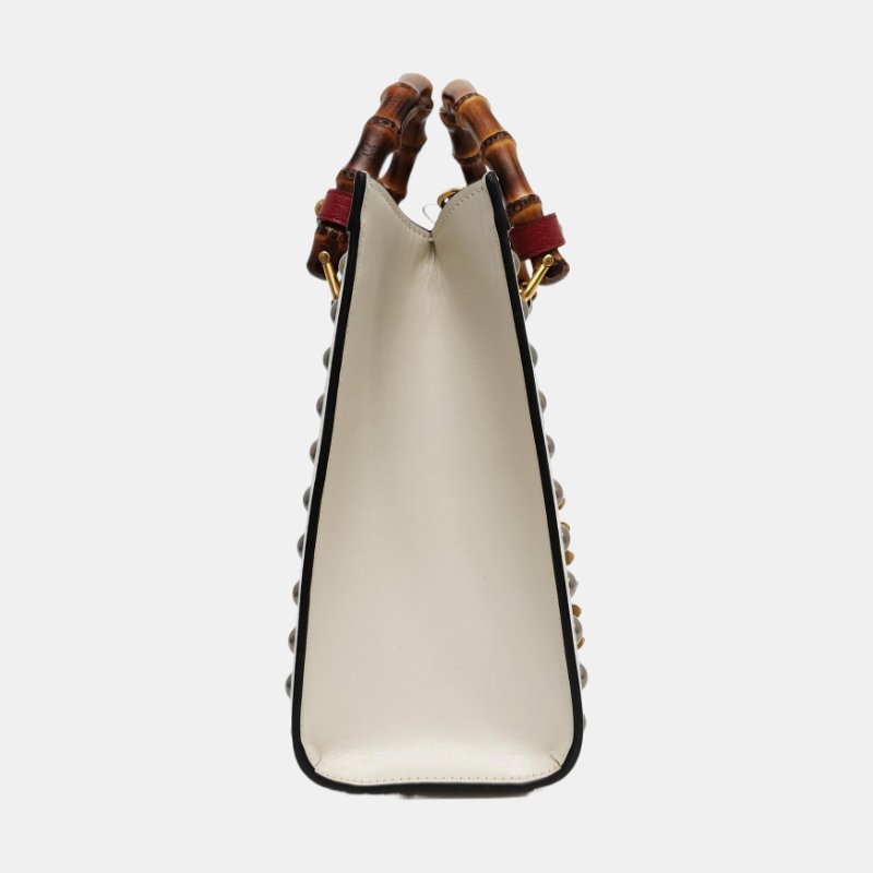 GUCCI Diana小號白色牛皮竹節鉚釘竹節包斜挎包手提包單肩包 金色銀色五金 2條可拆卸肩帶-3