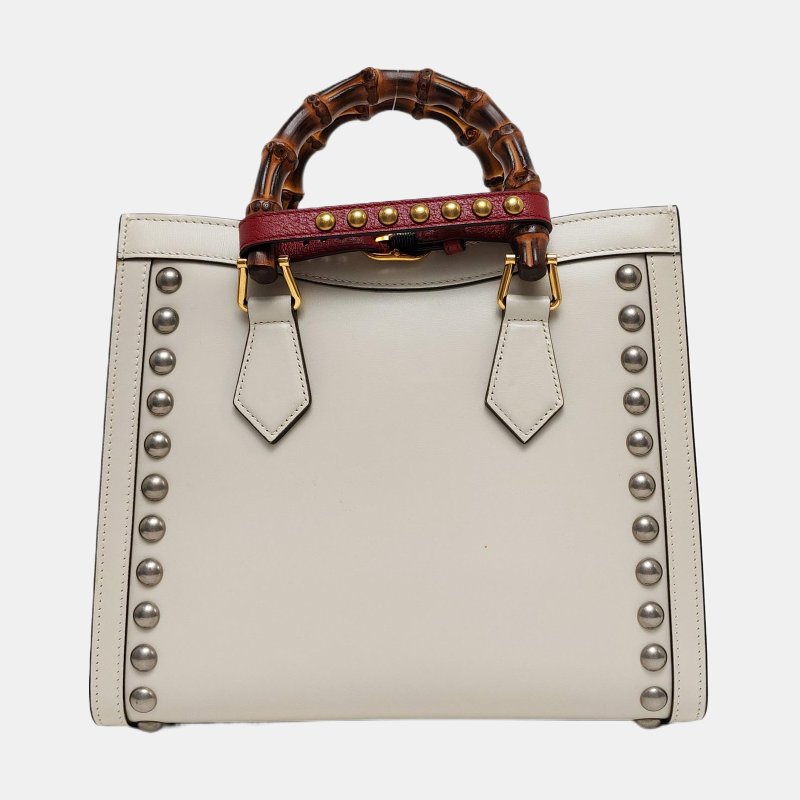 GUCCI Diana小號白色牛皮竹節鉚釘竹節包斜挎包手提包單肩包 金色銀色五金 2條可拆卸肩帶-4