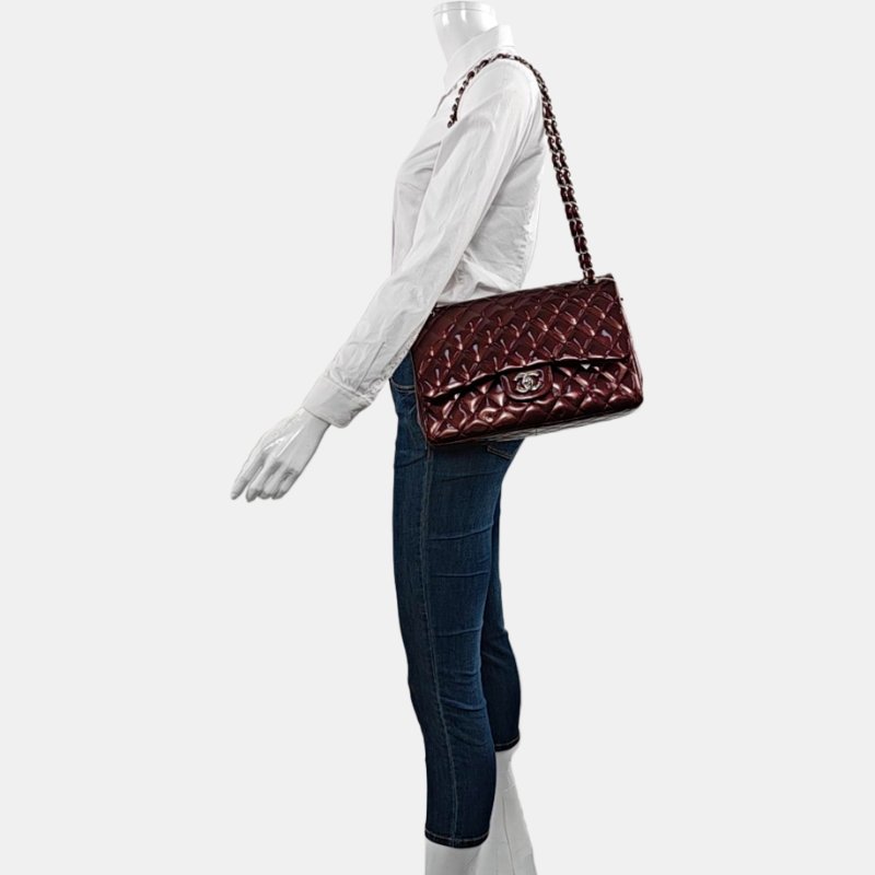 CHANEL CLASSIC FLAP酒紅色牛漆皮菱格紋絎縫單肩包 銀色五金 17開-1