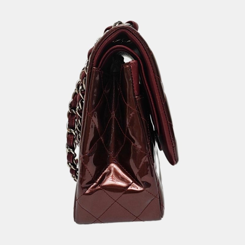 CHANEL CLASSIC FLAP酒紅色牛漆皮菱格紋絎縫單肩包 銀色五金 17開-3