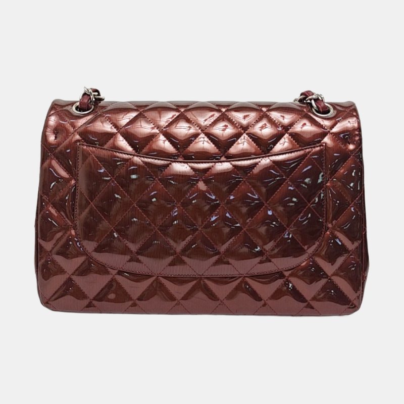 CHANEL CLASSIC FLAP酒紅色牛漆皮菱格紋絎縫單肩包 銀色五金 17開-4